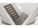 Carpeted staircase with white railings offers a clean and modern design at 1871 Water Birch Way, Castle Rock, CO 80108