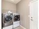 Laundry room includes front loading washer and dryer with overhead shelf at 16549 Prospect Ln, Broomfield, CO 80023