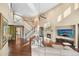 Spacious living room with soaring ceilings, hardwood floors, a fireplace, and large windows at 1133 Lucky Ct, Castle Rock, CO 80109