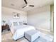 Serene bedroom with a ceiling fan, neutral walls and furniture with a white comforter and grey carpet at 8018 Williams Fork Ave, Littleton, CO 80125