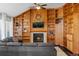 Charming living room featuring wood shelves, a fireplace, and a comfortable gray sofa at 20349 E Powers Pl, Centennial, CO 80015