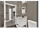 Stylish half-bath with gray walls, white vanity, and modern fixtures at 11670 S Flower Mound Way, Parker, CO 80134