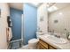 Updated bathroom featuring blue accent walls, a modern toilet, and vanity at 5075 Garrison St # 3, Wheat Ridge, CO 80033