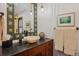 Bathroom features a unique vessel sink, mosaic mirror, elegant vanity, and modern fixtures at 6767 Timbers Dr, Evergreen, CO 80439