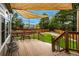Relaxing back deck with shade canopy, green lawn, and lush trees offers a tranquil outdoor retreat at 6255 Collegiate Dr, Highlands Ranch, CO 80130