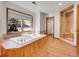 Luxurious bathroom featuring a soaking tub with a view and a tiled walk-in shower at 1374 Crested Butte Ct, Evergreen, CO 80439