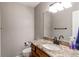 Cozy half-bathroom with granite countertop, wooden cabinetry, and modern fixtures at 7163 S Xanthia St, Centennial, CO 80112