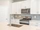 Modern kitchen with stainless steel appliances and light gray hexagon backsplash at 8905 Rifle St, Commerce City, CO 80022