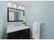 Updated powder bathroom with blue walls, granite countertop, and modern fixtures at 221 S Garfield St # 213, Denver, CO 80209