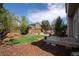 Lush backyard with well-maintained lawn, mature trees, and a cozy patio set for outdoor enjoyment at 1169 Thornbury Pl, Highlands Ranch, CO 80129