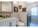 Charming half bathroom with vanity, modern toilet, and stylish wall decor at 1169 Thornbury Pl, Highlands Ranch, CO 80129