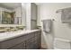 Modern bathroom with tile backsplash, granite counters, and stainless fixtures at 3785 E 134Th Ct, Thornton, CO 80241