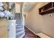 Welcoming entryway with carpeted stairs, a coat rack, and attractive decor elements at 8611 Gold Peak Dr # D, Highlands Ranch, CO 80130
