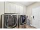 Convenient laundry room equipped with modern LG washer and dryer and ample cabinet space at 17158 Cornerstone Dr, Parker, CO 80134