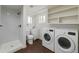Modern bathroom featuring a glass shower, toilet, vanity, and built in shelving with appliances at 6013 W 62Nd Ave, Arvada, CO 80033
