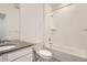 Bright bathroom featuring a shower/tub combo, a white vanity, and modern finishes at 8895 San Antonio St, Littleton, CO 80125