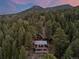 High-angle evening shot of a home surrounded by a dense forest with a mountain in the background at 27891 Columbine Rd, Evergreen, CO 80439