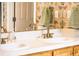 Bathroom featuring a double sink vanity with brass fixtures and a large mirror at 10482 Billings St, Commerce City, CO 80022