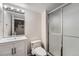 Compact bathroom with a shower, vanity, toilet and a mirror at 7823 S Locust Ct, Centennial, CO 80112