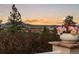 Scenic view of a sunset over rolling hills, framed by lush greenery and a colorful floral arrangement at 6948 Fox Cir, Larkspur, CO 80118