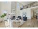 Open concept living room with soaring ceilings, stone fireplace, comfortable seating, and a view to an upper level loft at 2515 Clayton Cir, Superior, CO 80027