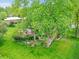 Landscaped backyard featuring a beautiful brick home, patio area with umbrellas, and mature trees providing shade at 595 W Lake Ave, Littleton, CO 80120
