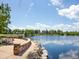 Picturesque lake view with benches and stone accents, ideal for relaxation and enjoying nature at 595 W Lake Ave, Littleton, CO 80120