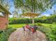 Charming brick patio with outdoor seating, a shade umbrella, and well-maintained landscaping at 595 W Lake Ave, Littleton, CO 80120