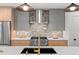 Modern kitchen featuring stainless steel appliances, gray cabinets, and stylish lighting fixtures at 2538 S Acoma St, Denver, CO 80223