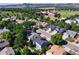 Aerial view of a neighborhood with tree-lined streets, well-manicured lawns, and scenic mountain backdrop at 7054 S Flower Ct, Littleton, CO 80128