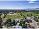 Panoramic aerial view of a residential community, open green spaces, and distant mountains at 7054 S Flower Ct, Littleton, CO 80128