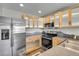 Modern kitchen features stainless steel appliances, sleek countertops, and light wood cabinets with translucent paneling at 8848 Prickly Pear Cir, Parker, CO 80134