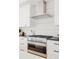 Close up of a stainless steel range and oven in modern kitchen with white cabinetry at 4135 Benton Street, Denver, CO 80212