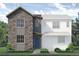 Charming two-story home featuring stone accents, blue door, green lawn, and tasteful landscaping at 1440 Coral Pl, Longmont, CO 80501