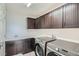 Well-equipped laundry room with ample storage, washer, dryer, and utility sink at 23503 E Minnow Dr, Aurora, CO 80016