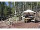 Outdoor wooden deck with a dining table, umbrella, and natural views, creating a perfect spot for relaxation at 8691 S Warhawk Rd, Conifer, CO 80433