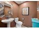 Stylish powder room with pedestal sink and decorative mirror at 1228 Pomegranate Ln, Golden, CO 80401