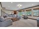 Expansive living room featuring ample seating, large windows, and a view of the backyard at 19336 Queens Crescent Way, Monument, CO 80132