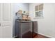 Well-organized laundry room with modern front-load washer and dryer, plus stylish shelving for storage at 10438 Olathe Way, Commerce City, CO 80022