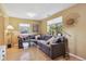 Inviting living room featuring a comfortable gray couch, hardwood floors, and plenty of natural light at 998 S Leyden St, Denver, CO 80224