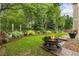 Landscaped backyard featuring a fire pit, lush greenery, and well-maintained garden beds at 1831 Ashford Cir, Longmont, CO 80504