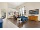 Bright living room featuring dark wood floors, a comfortable blue sofa and many windows at 1831 Ashford Cir, Longmont, CO 80504