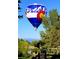 Eye-catching hot air balloon, with Colorado flag design, soaring above a peaceful lake and lush trees at 1647 Harris Ct, Erie, CO 80516