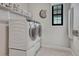 Convenient laundry room equipped with modern washer and dryer, storage shelves, and a window at 6860 S Yantley Ct, Aurora, CO 80016