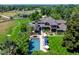 Stunning aerial view of a luxury estate, showcasing its pool, lush landscaping, and serene surroundings at 5 Random Rd, Cherry Hills Village, CO 80113