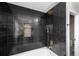 Beautiful walk in shower with black tiling and gold accents, with shower niche and modern fixtures at 13254 E Asbury Dr, Aurora, CO 80014