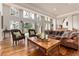 Bright living room featuring hardwood floors, large windows, and a cozy seating arrangement at 1425 Autumnwood Ln, Evergreen, CO 80439