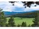 Scenic view overlooking lush green meadow and tree-lined mountains, framed by pine trees at 1425 Autumnwood Ln, Evergreen, CO 80439