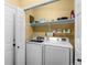 Functional laundry area equipped with modern washer, dryer, and shelving at 8864 S Field Ct, Littleton, CO 80128
