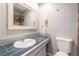 Well-lit bathroom with a stylish vanity, blue countertop, and a shower at 2314 S Troy St, Aurora, CO 80014